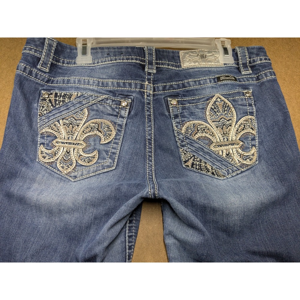 Miss Me Easy Skinny Jeans Womens 32 Mid Rise Fleur De Lis Embroidered Blue Denim - Picture 5 of 9